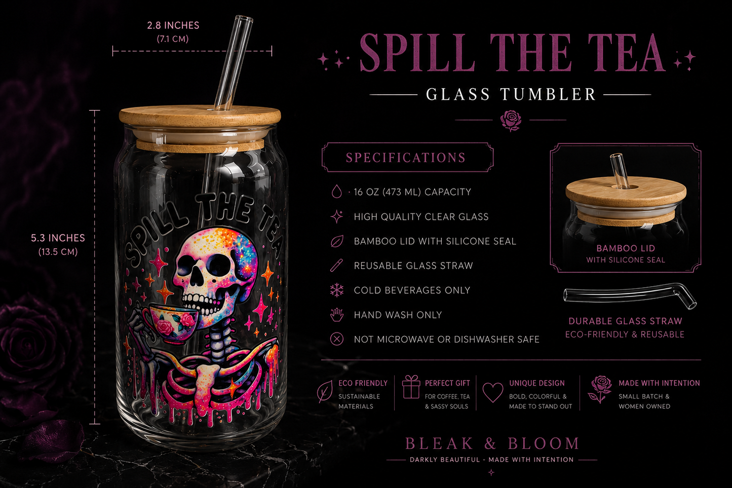 Spill The Tea - Skeleton Edition Glass Tumbler 🫖‼️🍵 🖤