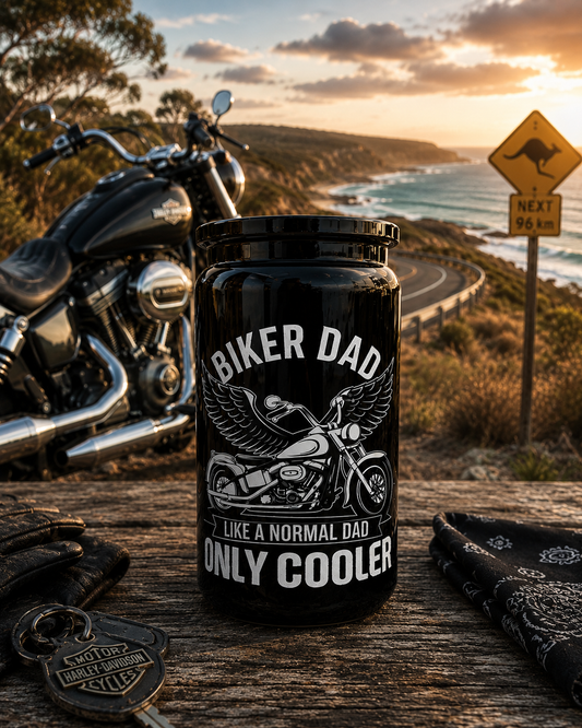 Biker Dad – Like a Normal Dad, Only Cooler | 16oz Plastic Tumbler 🏍️🖤