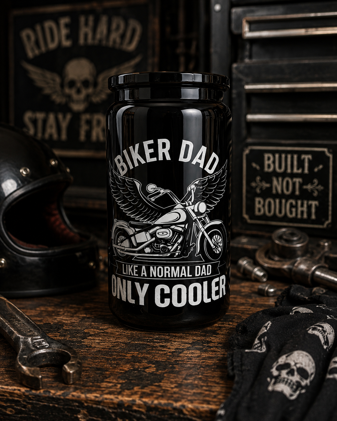 Biker Dad – Like a Normal Dad, Only Cooler | 16oz Plastic Tumbler 🏍️🖤