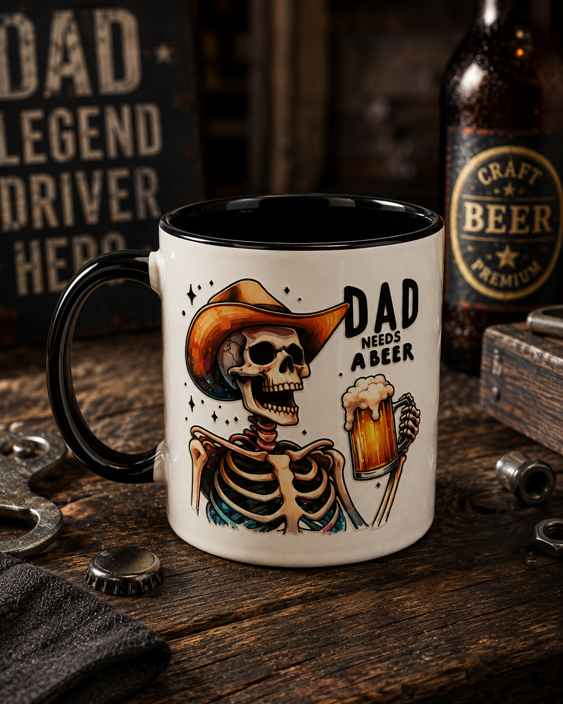 A white ceramic mug with a black handle and interior, featuring a printed illustration of a skeleton in a cowboy hat holding a beer mug, with the text 'DAD NEEDS A BEER.' The mug is photographed on a rustic wooden surface with beer-themed props and a bottle in the background.