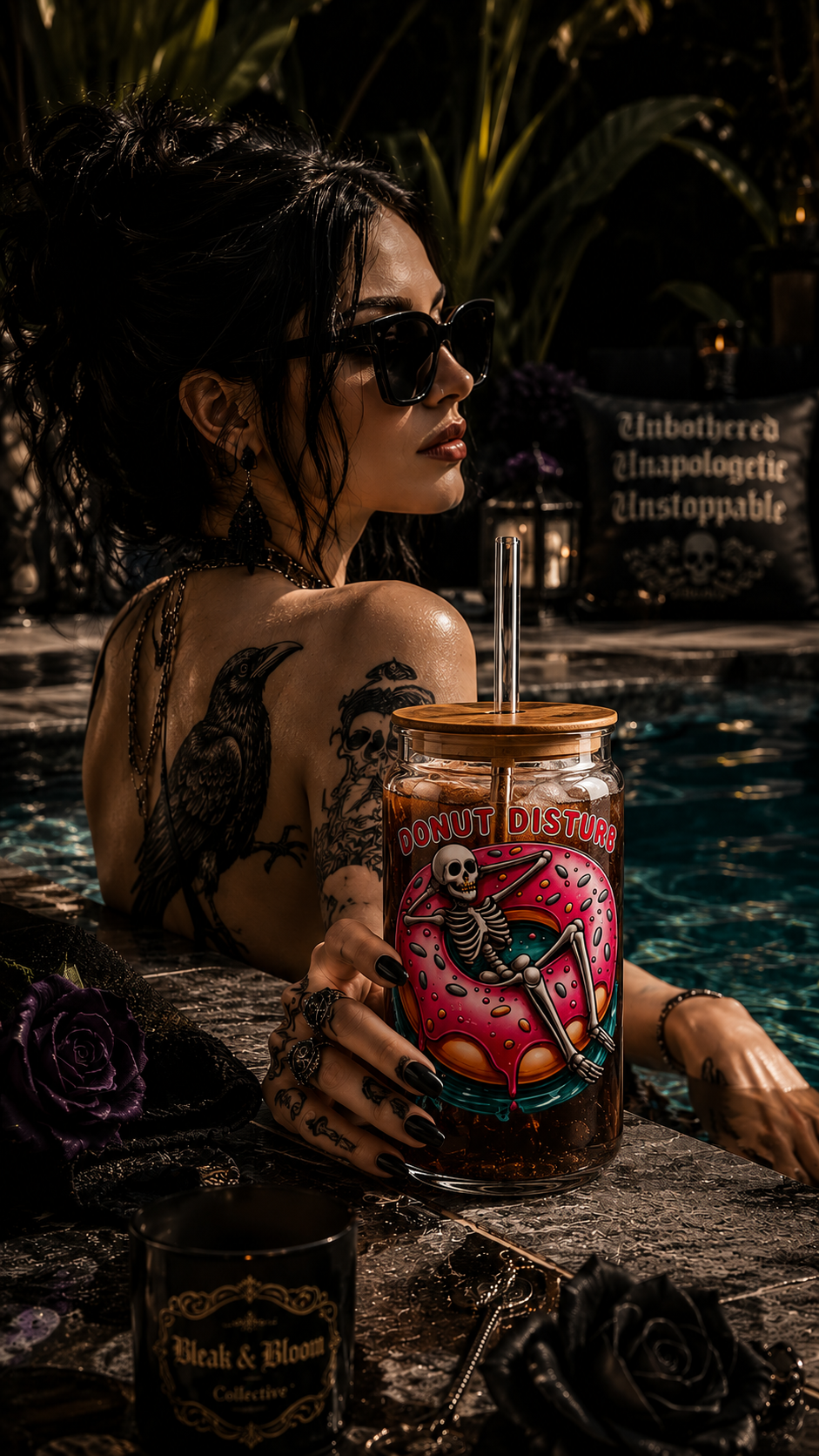 A tattooed woman in sunglasses sits by a pool holding a large illustrated glass jar with a straw and wooden lid. The jar has a colorful gothic skeleton design with the words 'BONET DISTRICT' and 'MURDEROUSLY APPROPRIATE.