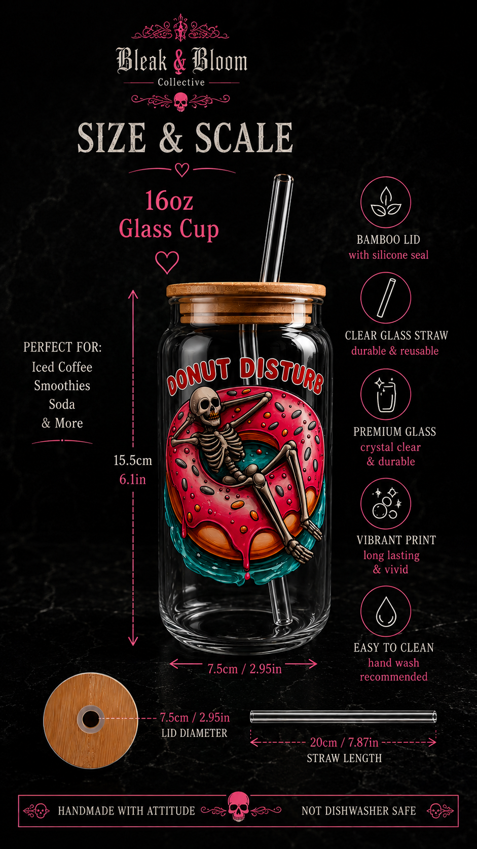 A promotional infographic for a 16oz glass cup from Bleak & Bloom Collective, titled 'Size & Scale'. The image features a clear glass cup with a bamboo lid, a black straw, and a vibrant red and teal graphic of a skeleton on a donut.