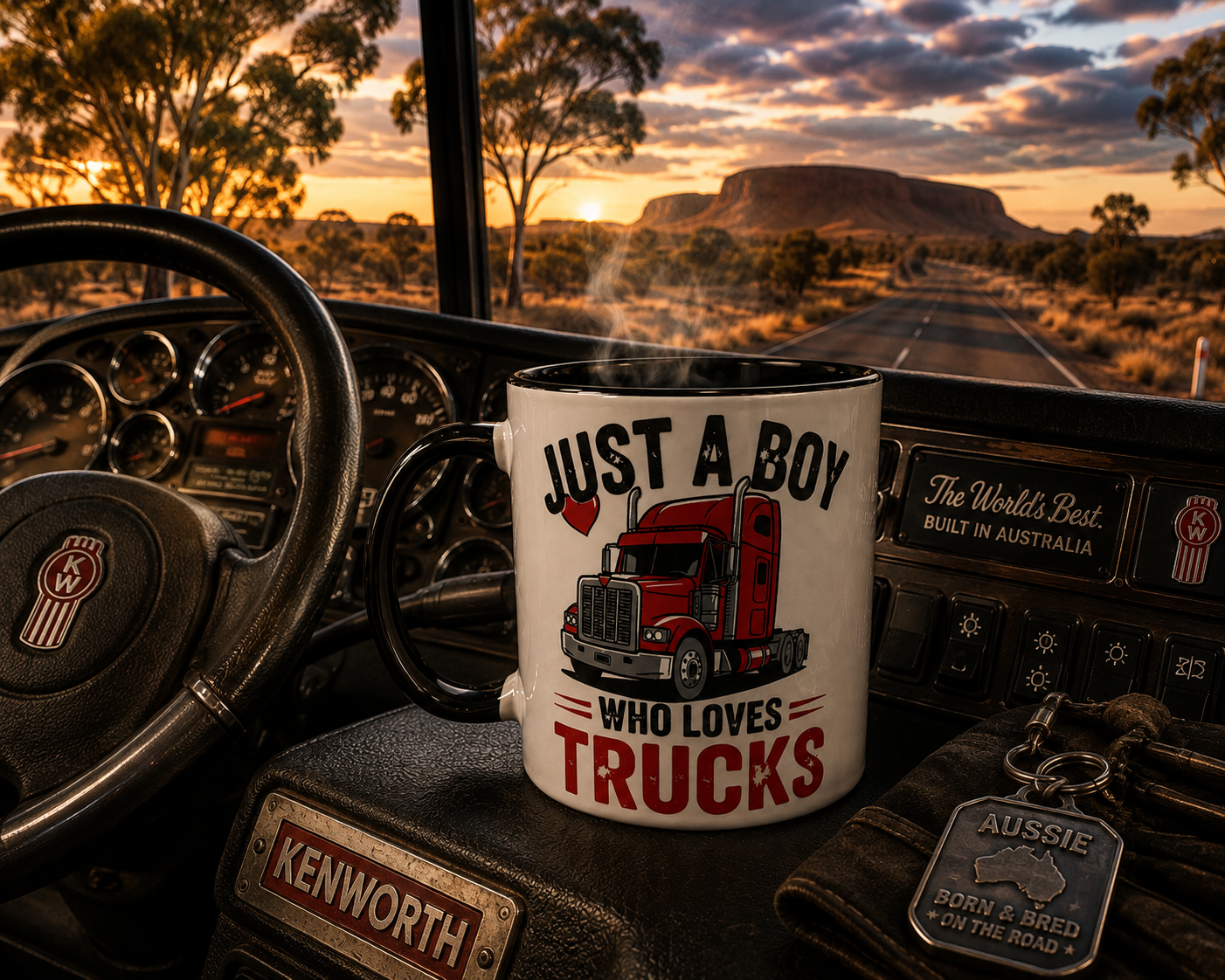 A white ceramic mug with a red and black truck graphic and the text 'JUST A BOY WHO LOVES TRUCKS' sits on a truck dashboard in front of a scenic Australian outback sunset landscape.