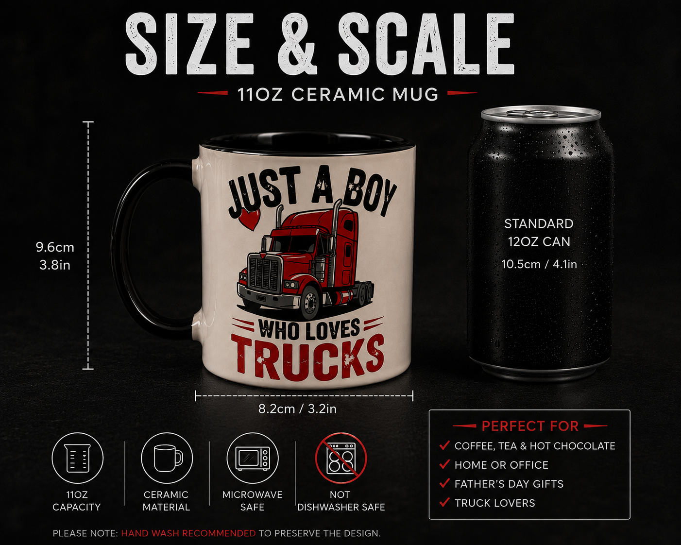 A promotional size and scale graphic for a 11oz ceramic mug, showing the mug next to a 12oz can for comparison. The mug is off-white with a black handle and interior, featuring a red semi-truck illustration and the text 'JUST A BOY WHO LOVES TRUCKS'.