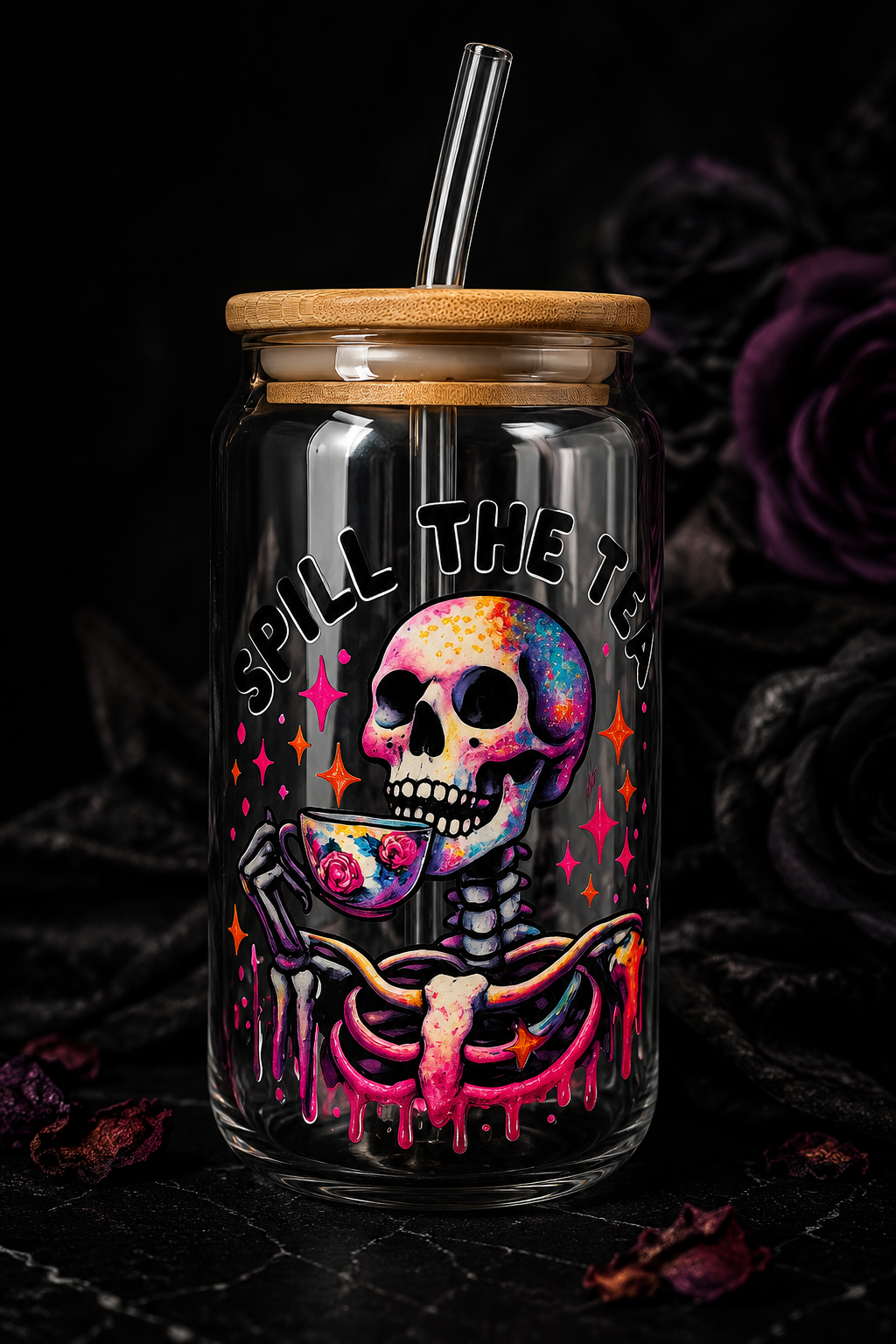 Spill The Tea - Skeleton Edition Glass Tumbler 🫖‼️🍵 🖤