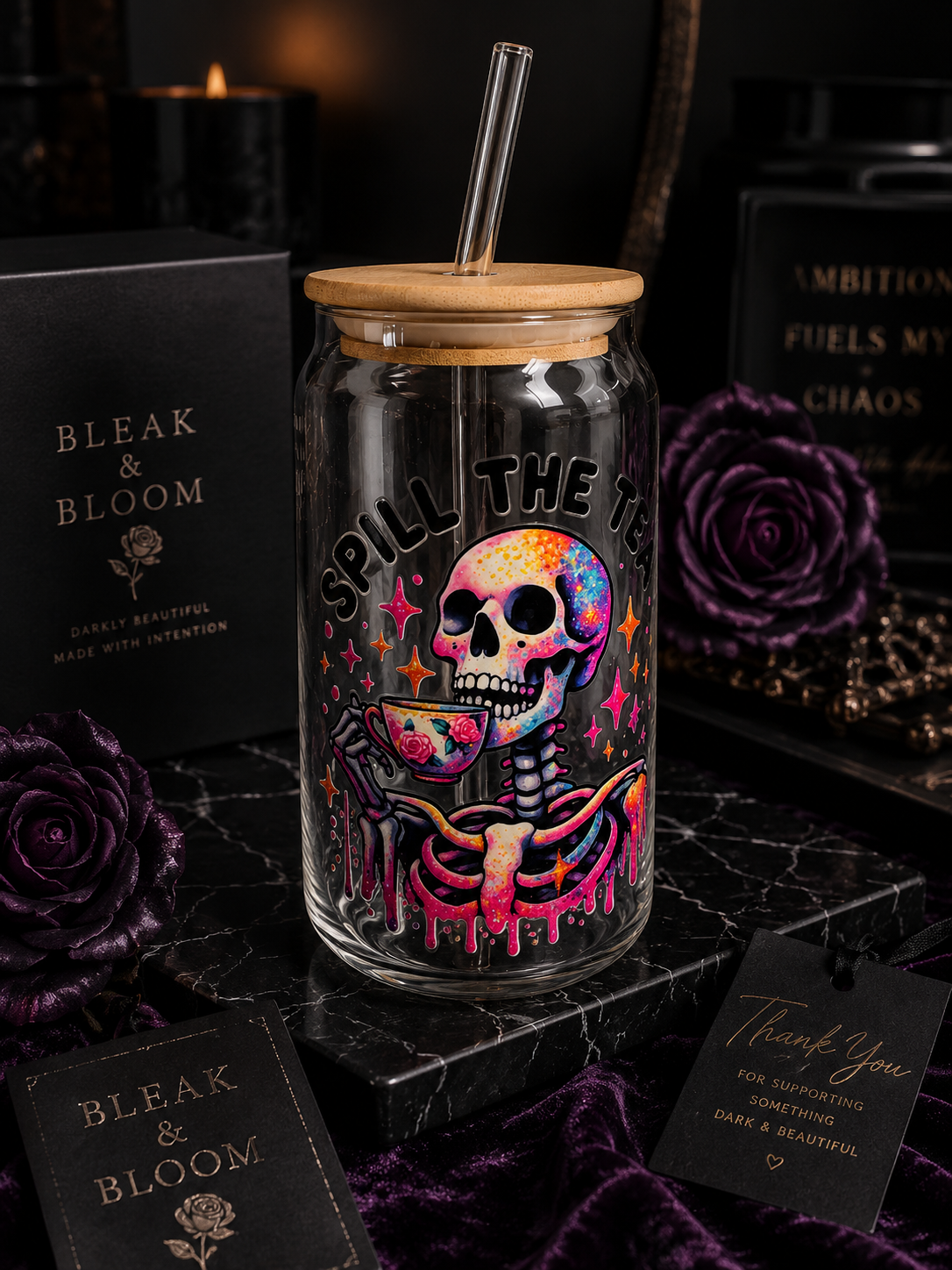 Spill The Tea - Skeleton Edition Glass Tumbler 🫖‼️🍵 🖤
