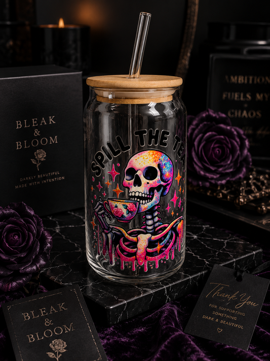 Spill The Tea - Skeleton Edition Glass Tumbler 🫖‼️🍵 🖤