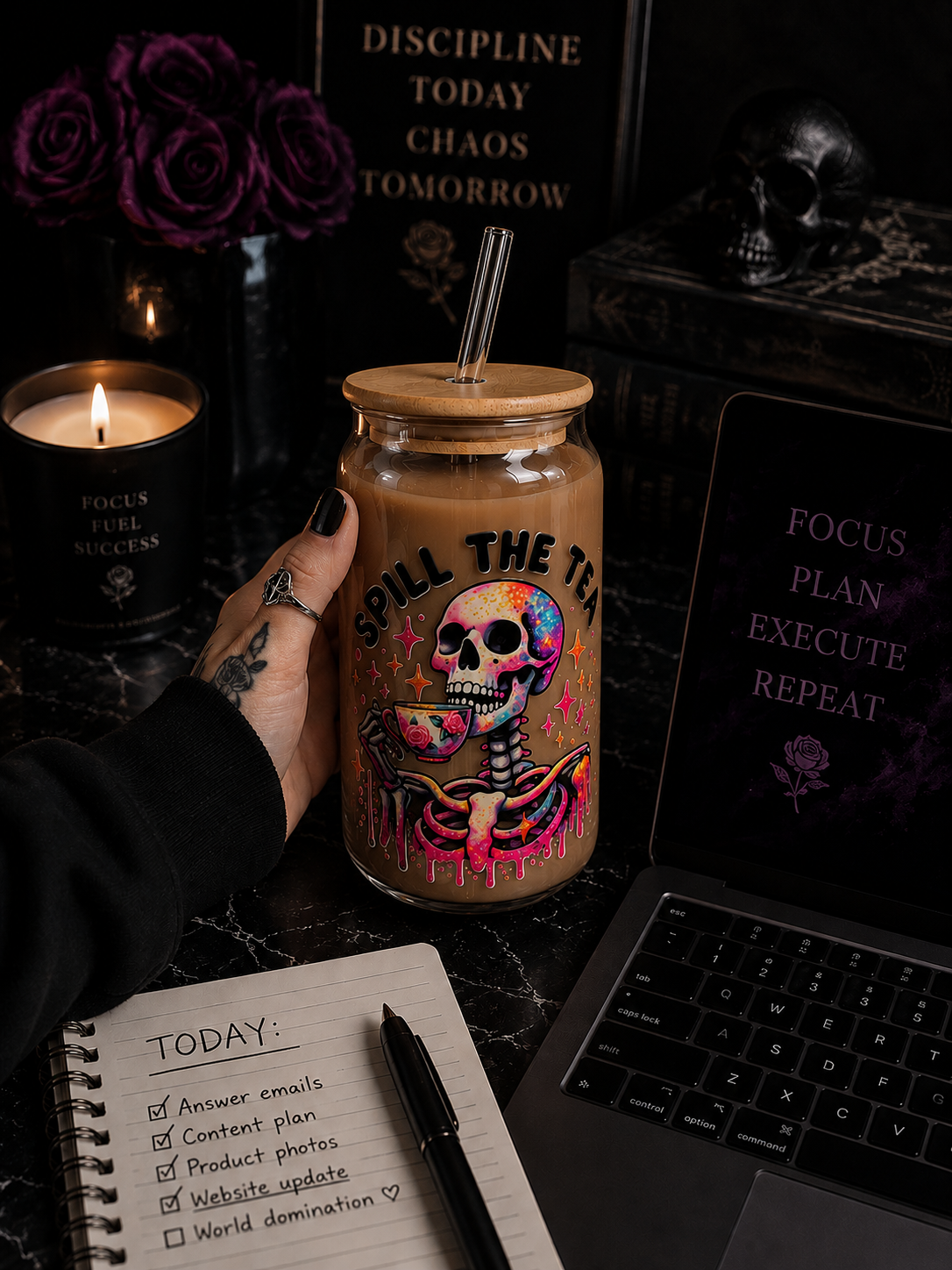 Spill The Tea - Skeleton Edition Glass Tumbler 🫖‼️🍵 🖤