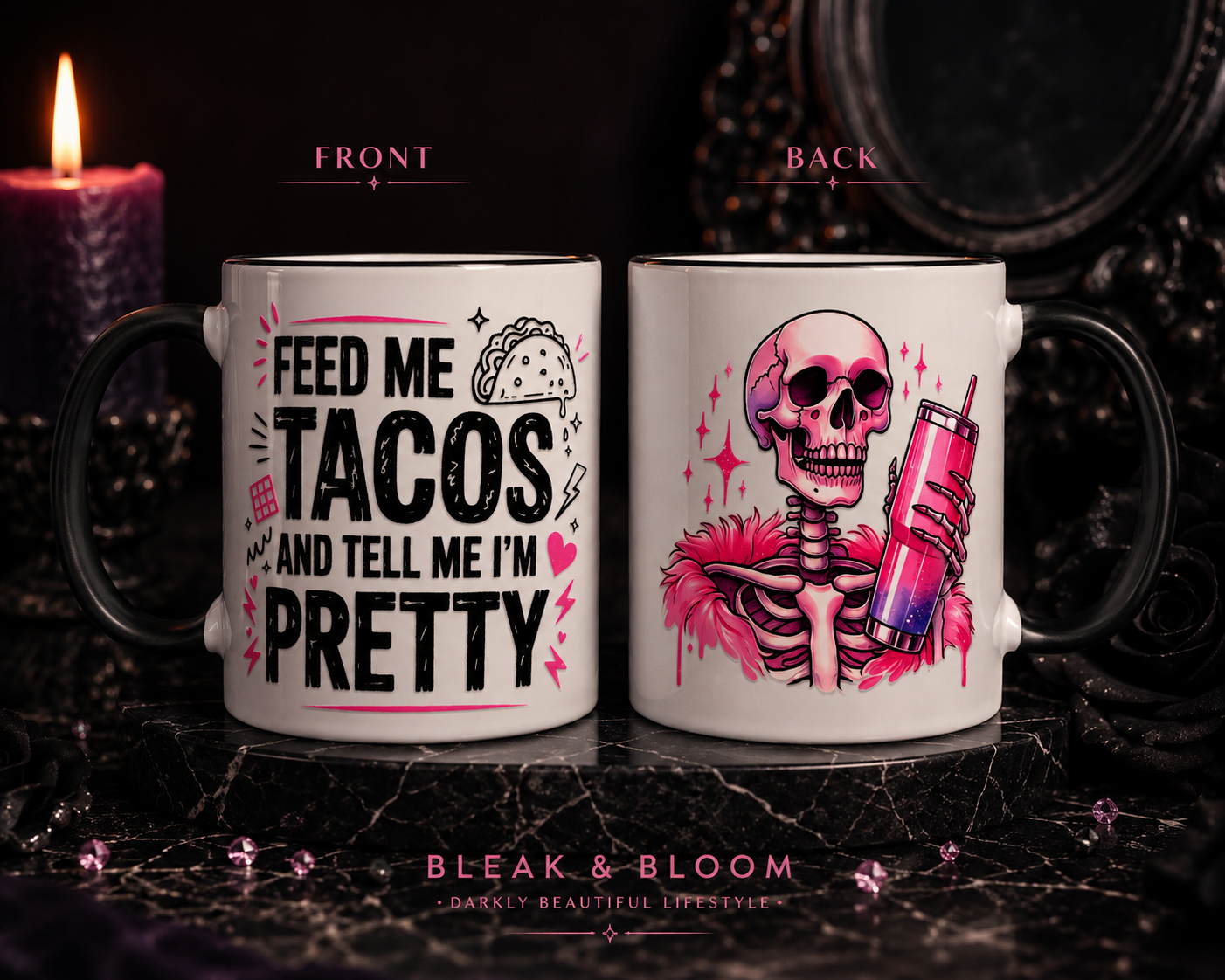 Two mugs with different designs on a dark background, featuring text and graphics.